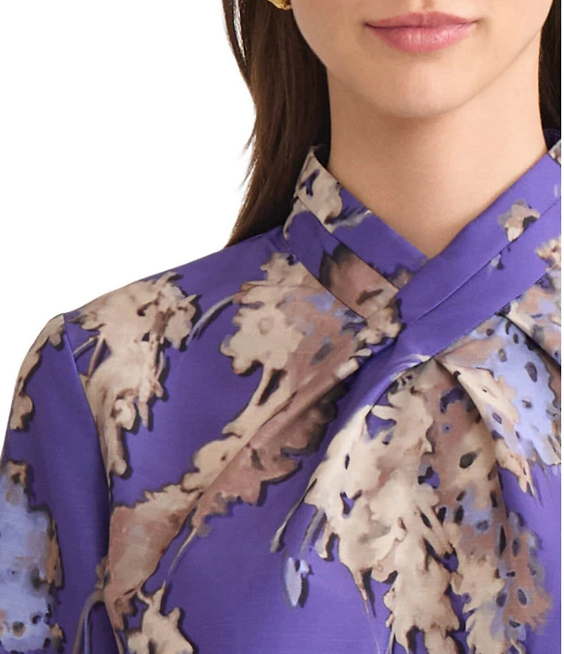 MISOOK Floral Crepe De Chine Cross Neck Long Sleeve Blouse