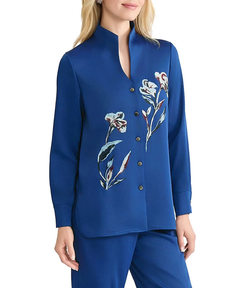 MISOOK Floral Embroidered Crepe De Chine High Neck Long Sleeve Blouse