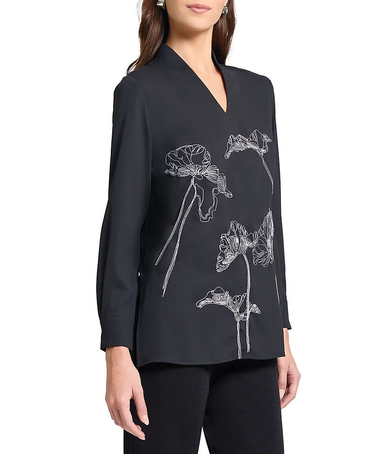 MISOOK Floral Embroidered Crepe De Chine V-Neck Long Sleeve Tunic