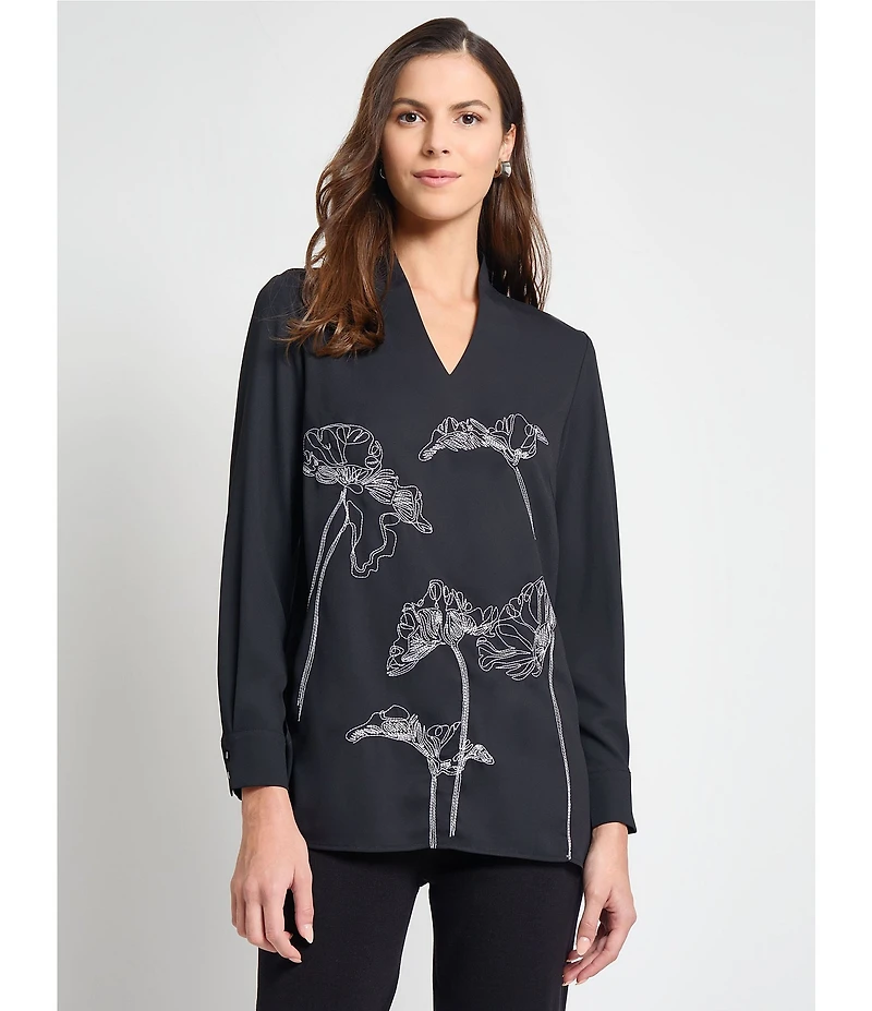 MISOOK Floral Embroidered Crepe De Chine V-Neck Long Sleeve Tunic