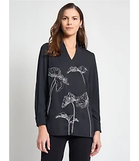 MISOOK Floral Embroidered Crepe De Chine V-Neck Long Sleeve Tunic