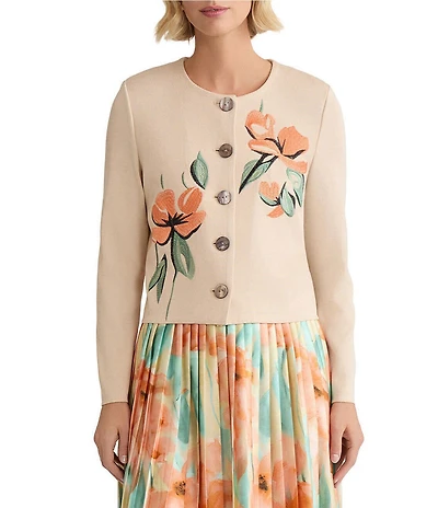 MISOOK Floral Embroidered Flat Knit Round Neck Long Sleeve Cardigan