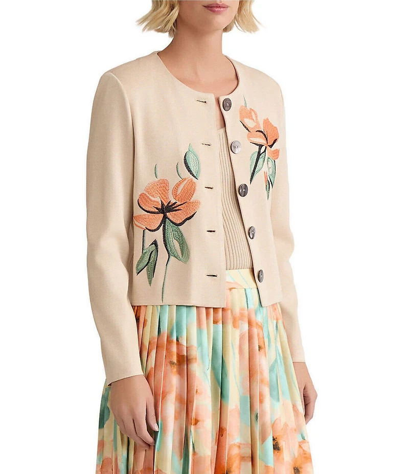 MISOOK Floral Embroidered Flat Knit Round Neck Long Sleeve Cardigan
