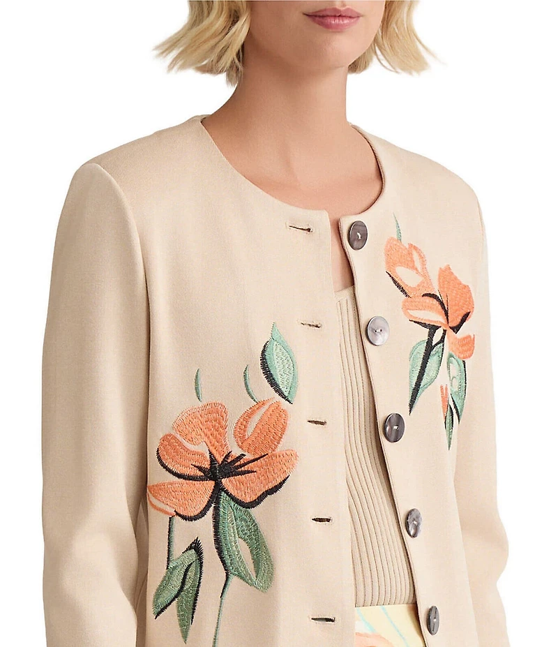 MISOOK Floral Embroidered Flat Knit Round Neck Long Sleeve Cardigan