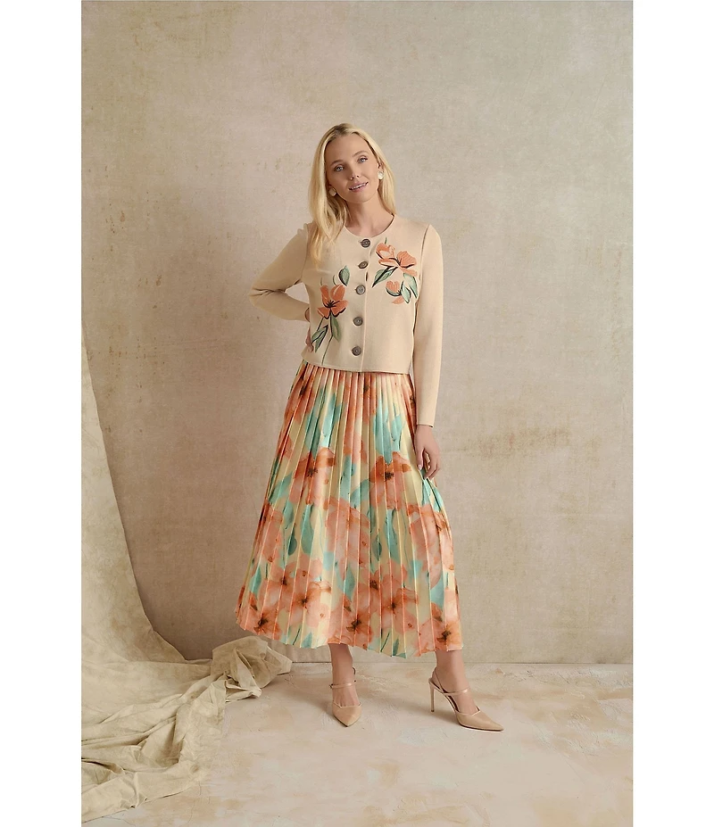 MISOOK Floral Embroidered Flat Knit Round Neck Long Sleeve Cardigan