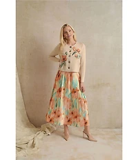 MISOOK Floral Embroidered Flat Knit Round Neck Long Sleeve Cardigan