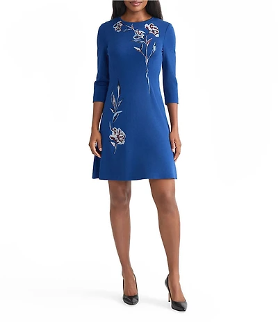 MISOOK Floral Embroidered Knit Round Neck Elbow Sleeve A-Line Dress