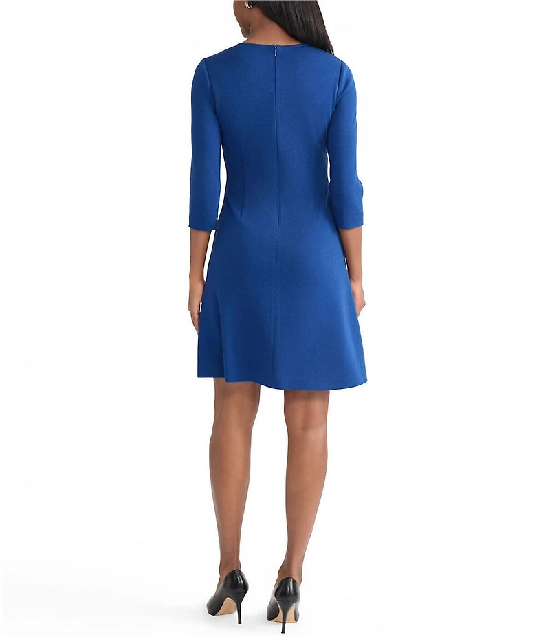 MISOOK Floral Embroidered Knit Round Neck Elbow Sleeve A-Line Dress