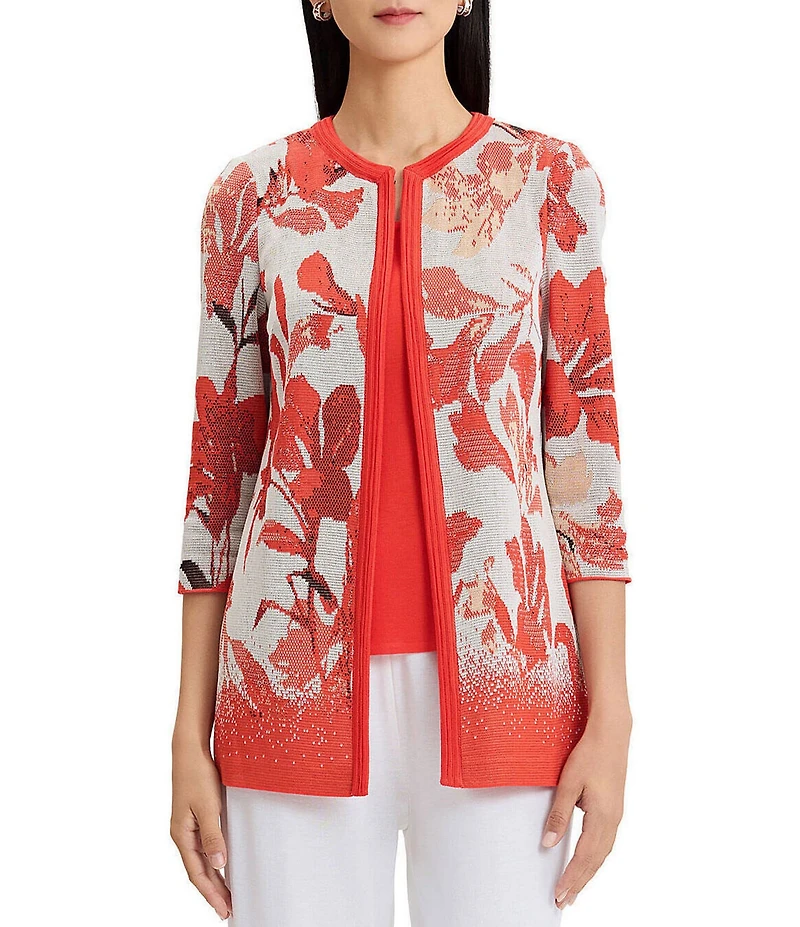 MISOOK Floral Jacqaurd Flat Knit Jewel Neck 3/4 Sleeve Jacket
