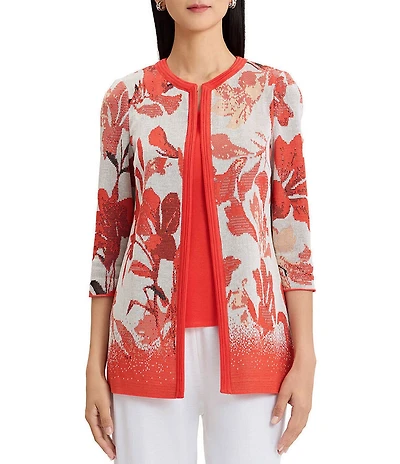 MISOOK Floral Jacqaurd Flat Knit Jewel Neck 3/4 Sleeve Jacket