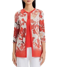 MISOOK Floral Jacqaurd Flat Knit Jewel Neck 3/4 Sleeve Jacket