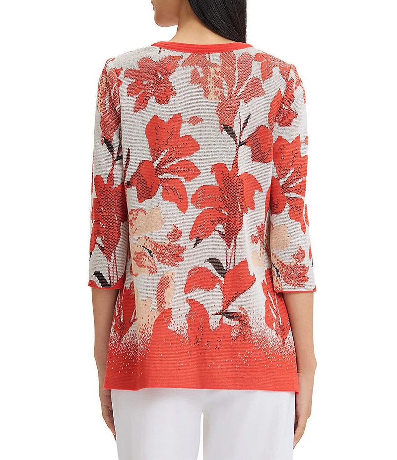 MISOOK Floral Jacqaurd Flat Knit Jewel Neck 3/4 Sleeve Jacket