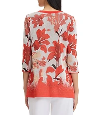 MISOOK Floral Jacqaurd Flat Knit Jewel Neck 3/4 Sleeve Jacket