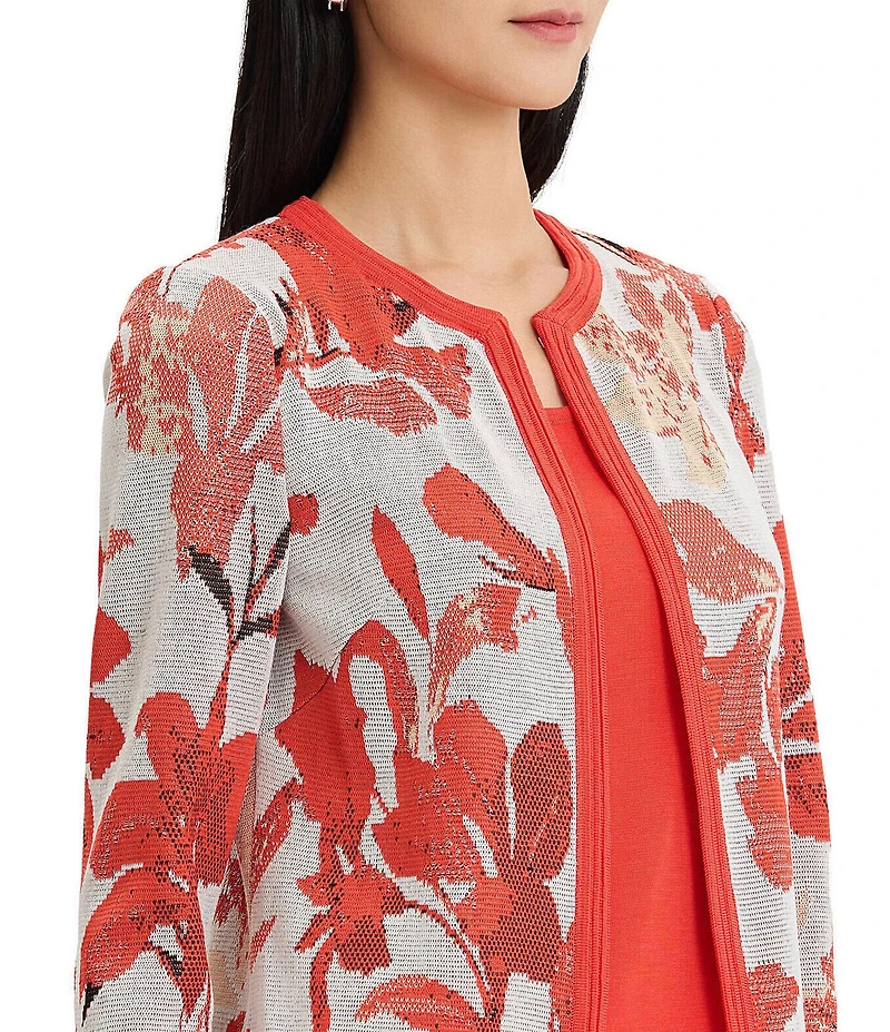 MISOOK Floral Jacqaurd Flat Knit Jewel Neck 3/4 Sleeve Jacket