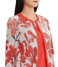 MISOOK Floral Jacqaurd Flat Knit Jewel Neck 3/4 Sleeve Jacket