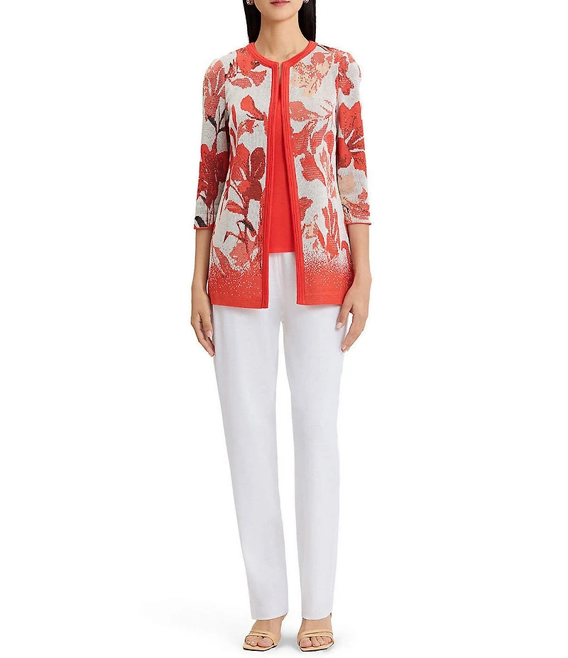 MISOOK Floral Jacqaurd Flat Knit Jewel Neck 3/4 Sleeve Jacket