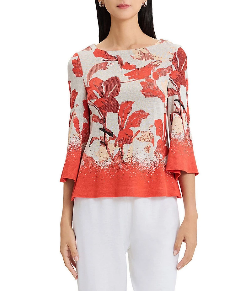 MISOOK Floral Jacquard Boat Neck 3/4 Bell Sleeve Top