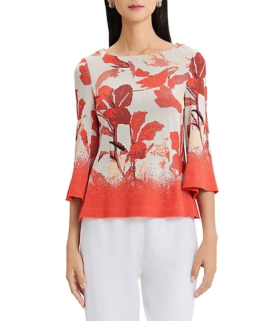 MISOOK Floral Jacquard Boat Neck 3/4 Bell Sleeve Top