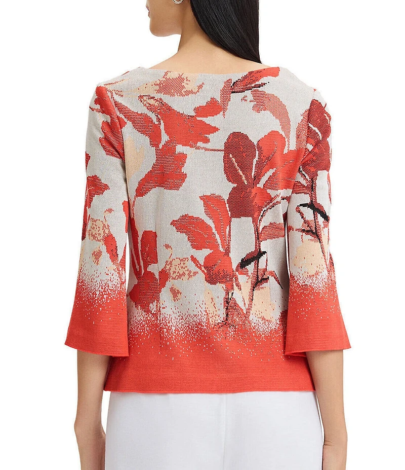 MISOOK Floral Jacquard Boat Neck 3/4 Bell Sleeve Top