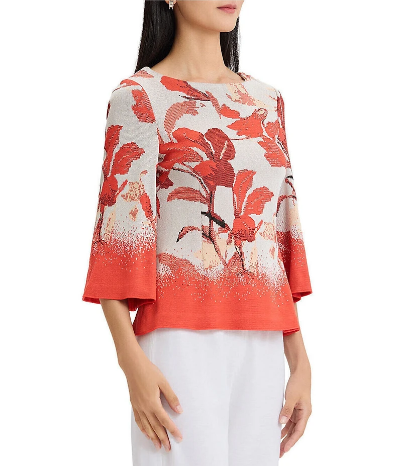 MISOOK Floral Jacquard Boat Neck 3/4 Bell Sleeve Top