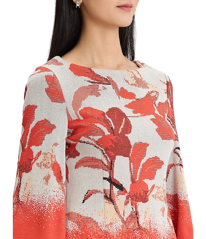 MISOOK Floral Jacquard Boat Neck 3/4 Bell Sleeve Top