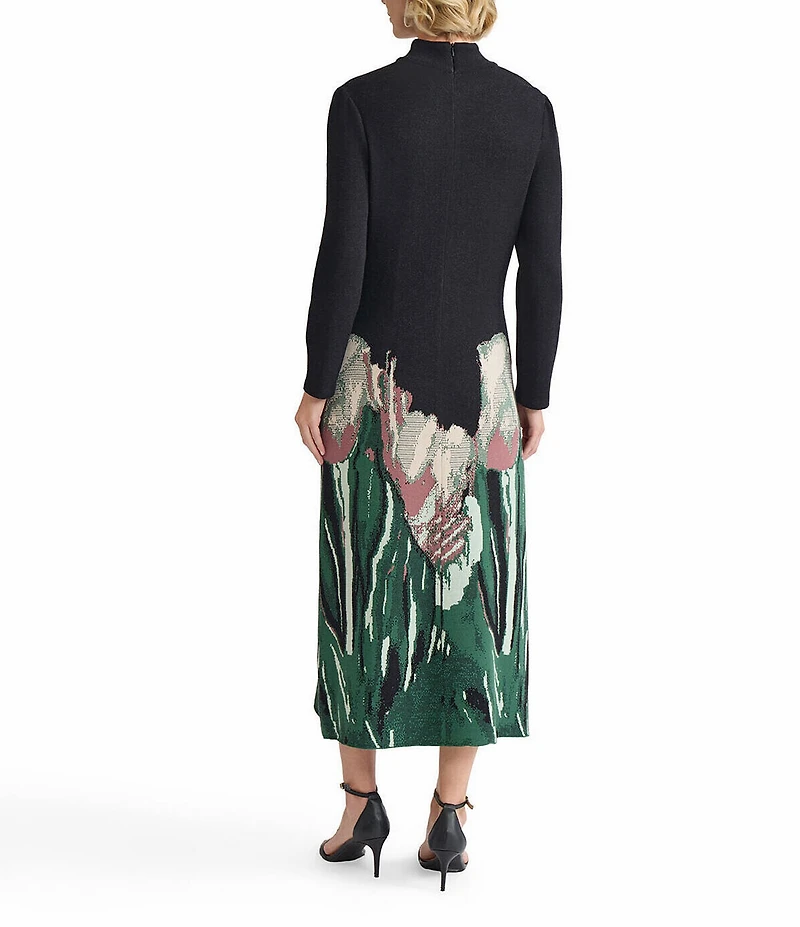 MISOOK Floral Jacquard Knit Mock Neck Long Sleeve Maxi Dress