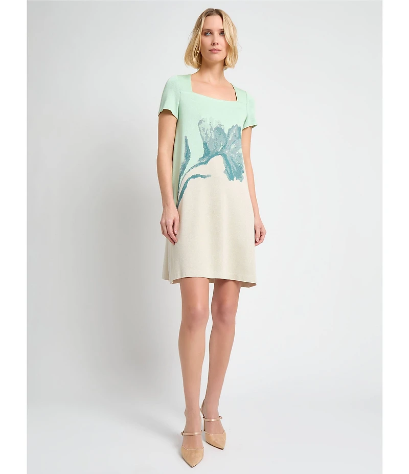 MISOOK Floral Jacquard Knit Square Neck Short Sleeve A-Line Dress