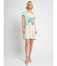 MISOOK Floral Jacquard Knit Square Neck Short Sleeve A-Line Dress