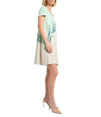 MISOOK Floral Jacquard Knit Square Neck Short Sleeve A-Line Dress