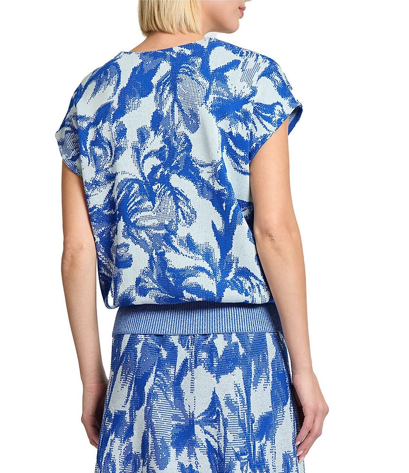 MISOOK Floral Jacquard Knit V-Neck Cap Sleeve Top