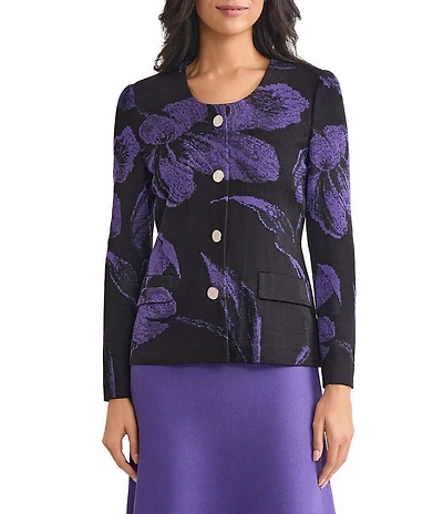 MISOOK Floral Jacquard Scoop Neck Long Sleeve Jacket