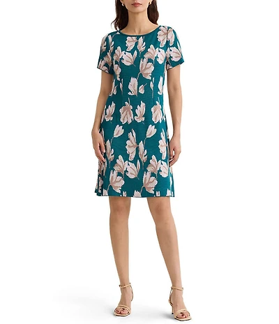 MISOOK Floral Knit Boat Neck Short Sleeve A-Line Dress