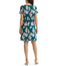 MISOOK Floral Knit Boat Neck Short Sleeve A-Line Dress