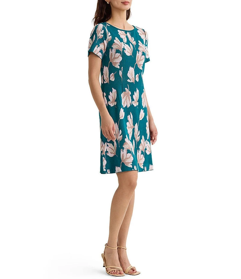 MISOOK Floral Knit Boat Neck Short Sleeve A-Line Dress