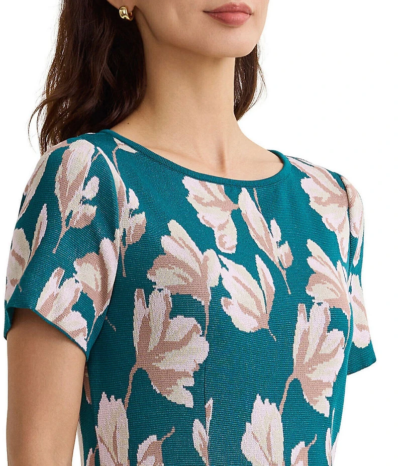 MISOOK Floral Knit Boat Neck Short Sleeve A-Line Dress