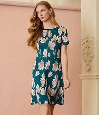 MISOOK Floral Knit Boat Neck Short Sleeve A-Line Dress