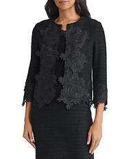 MISOOK Floral Lace Applique Knit Crew Neck 3/4 Sleeve Jacket