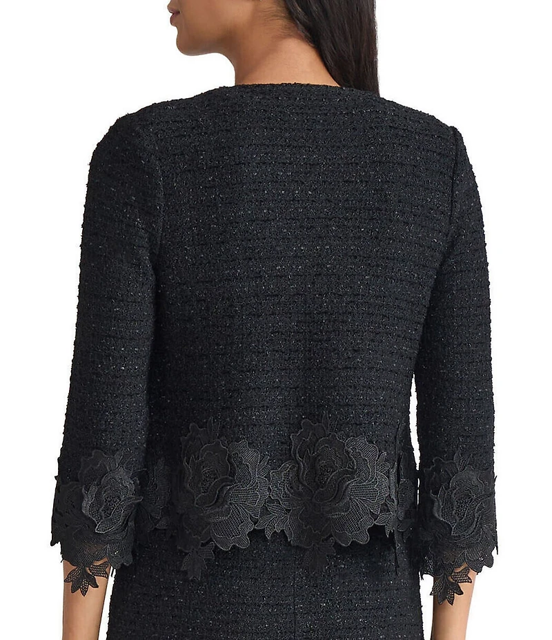 MISOOK Floral Lace Applique Knit Crew Neck 3/4 Sleeve Jacket