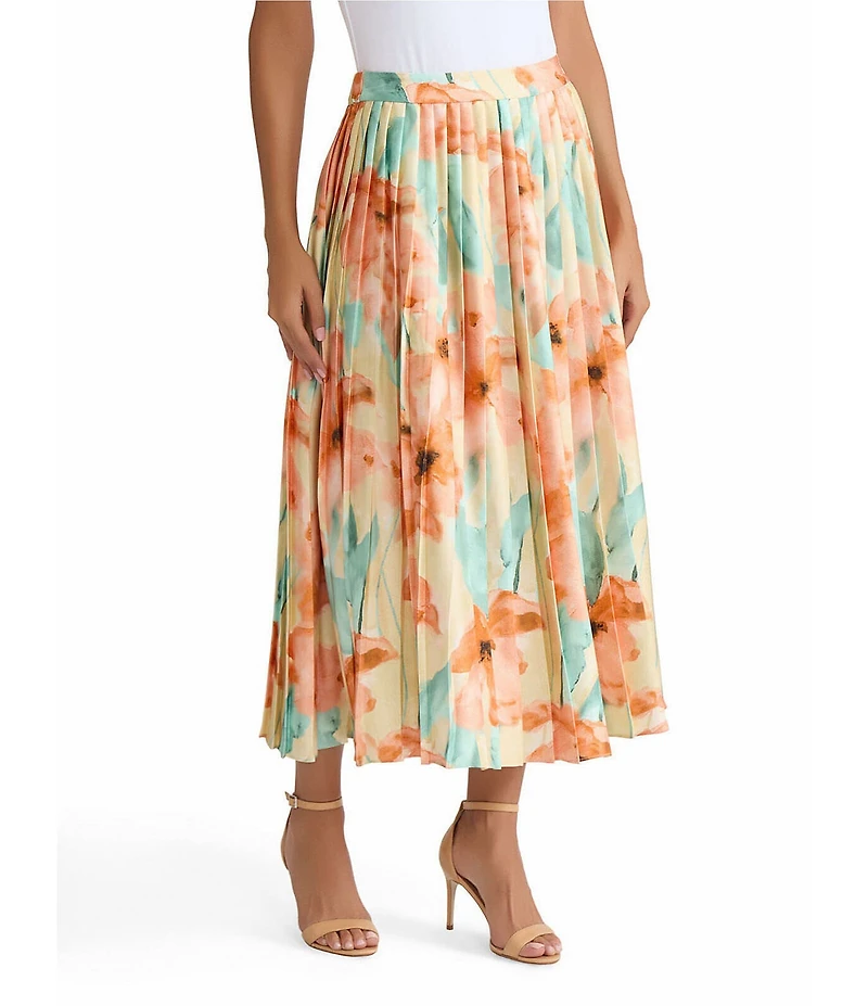MISOOK Floral Pleated Crepe De Chine Midi Skirt