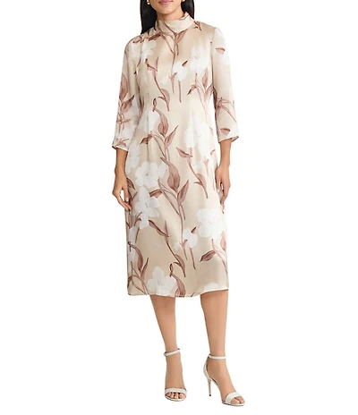 MISOOK Floral Print Silk Mock Neck 3/4 Sleeve A-Line Midi Dress