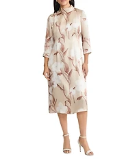 MISOOK Floral Print Silk Mock Neck 3/4 Sleeve A-Line Midi Dress