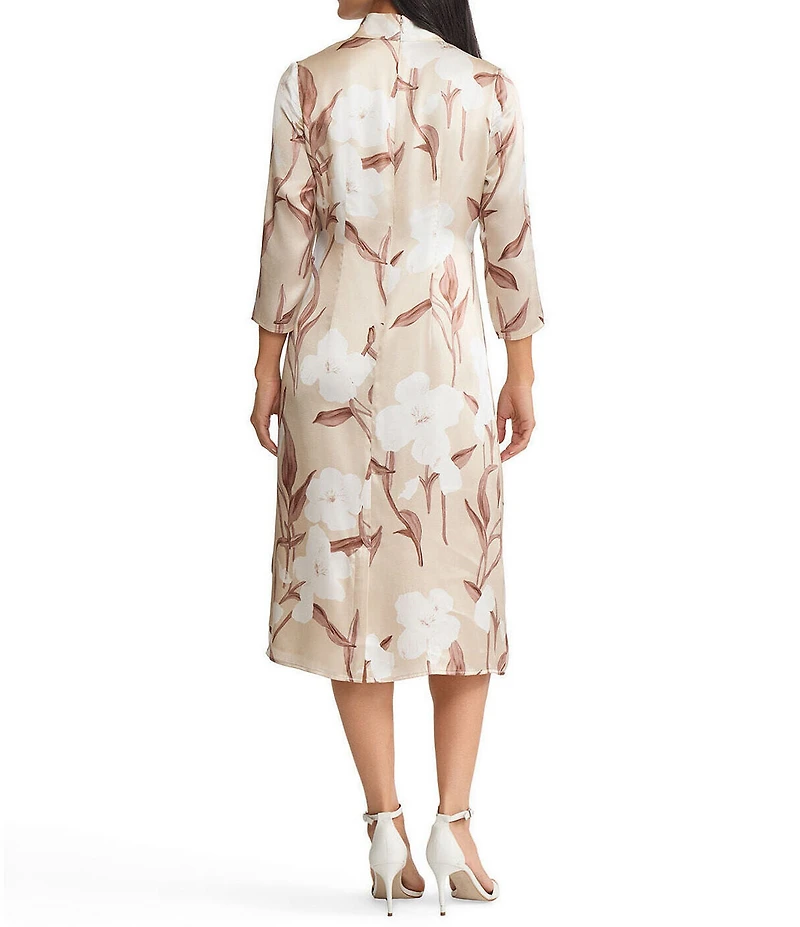 MISOOK Floral Print Silk Mock Neck 3/4 Sleeve A-Line Midi Dress