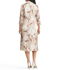 MISOOK Floral Print Silk Mock Neck 3/4 Sleeve A-Line Midi Dress