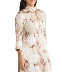 MISOOK Floral Print Silk Mock Neck 3/4 Sleeve A-Line Midi Dress