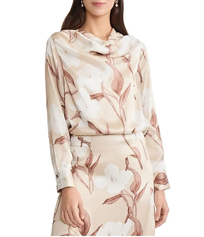MISOOK Floral Printed Silk Coordinating Drape Neck Long Sleeve Blouse
