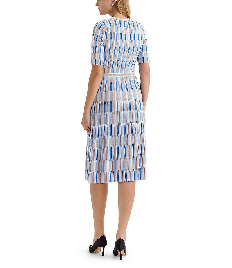 MISOOK Geometric Soft Knit V-Neck Short Sleeve Fit-And-Flare Midi Dress