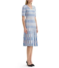 MISOOK Geometric Soft Knit V-Neck Short Sleeve Fit-And-Flare Midi Dress