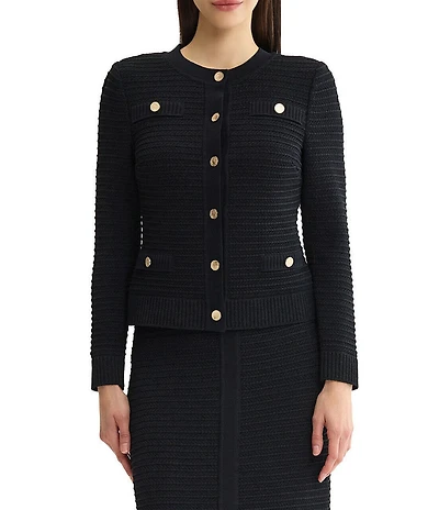 MISOOK Heritage Monochromic Ottoman Knit Round Neck Long Sleeve Button-Front Coordinating Jacket