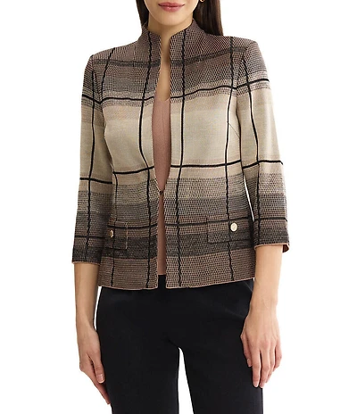 MISOOK Heritage Ombre Grid Flat Knit Stand Collar 3/4 Sleeve Jacket