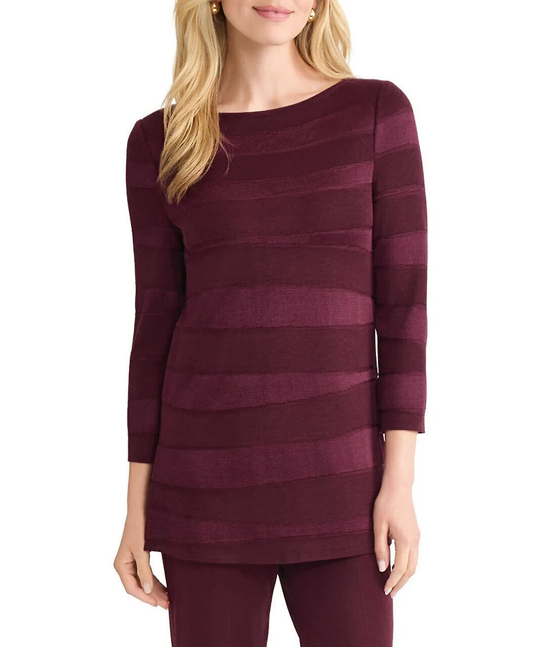 MISOOK Horizontal Tonal Knit Boat Neck 3/4 Sleeve Tunic